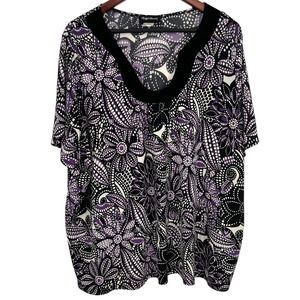Maggie Barnes Plus Size 1X Stretchy Black Purple Short Sleeve Blouse Shirt Top